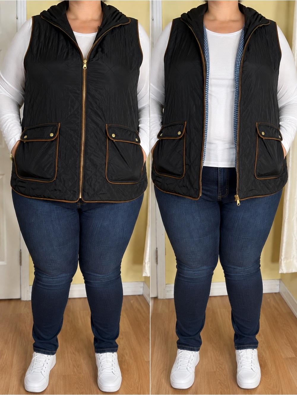 Crown & Ivy Quilted Vest in Black with Brown Piping